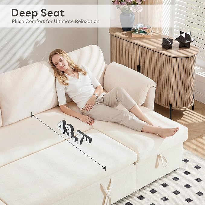 Tbfit 109'' Pull Out Sofa, Sleeper Sofa Bed with USB & 2 Storage Chaises, Comfy Oersized U Shaped Convertible Sectional Sleeper Couches for Living Room, Apartment, Office, Beige