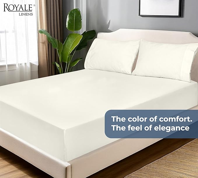 Royale Linens 100% Organic Cotton Fitted Sheet - Percale Weave - Super Soft Deep Pocket Bottom Sheets - Ivory Elastic Sheet Full Size - Full Fitted Sheets Only - (54"x75"+15", Ivory)