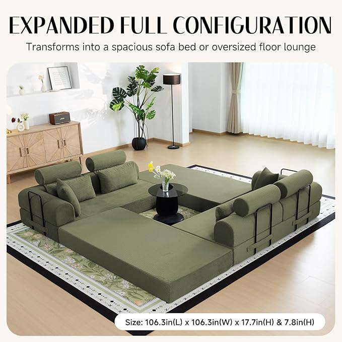 106" L-Shaped Modular Boneless Couch, 2-Piece System (2×70.87"), Convertible Sectional to 141.7" Straight Sofa, Corduroy Couch in a Box, Headrest & Back Pillows for Living Room, Olive Green