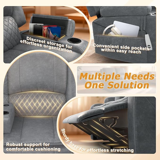 Loveseat Recliner Sofa, Power Reclining Loveseat Sofa RV Couch with Removable Armrest and Remote Control, Wall Hugger Home Theater Seating with 2-Tier Cushions, Storage & USB Ports, PU Grey