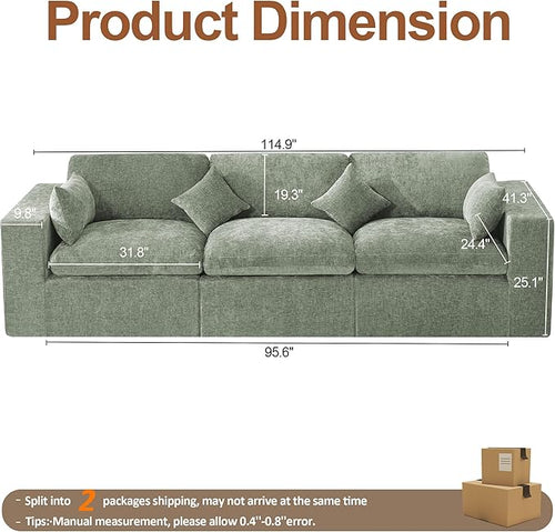 115''Cloud Boneless Sectional Couch, Modular Sectional Sofa Deep Seat, Oversized Upholstered Convertible Comfy 3 Seater Chenille Memory Foam Sofa Couches for Living Room, Green