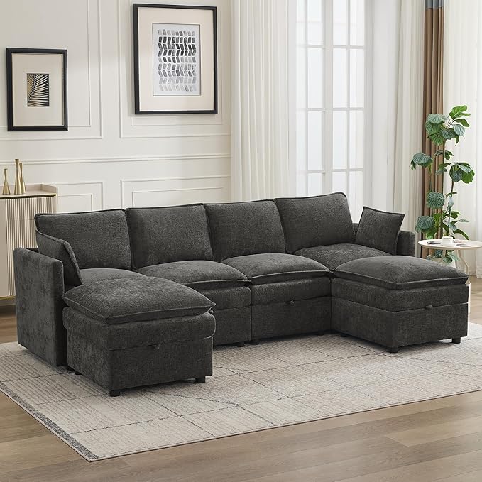 105" Cloud Modular 4 Seater Sofa with 2 Storage Ottoman, Modern Upholstered Sofa Storage Sofa Couch Deep Seat, U Shape Sectional Sofa Chenille Comfy Couch with Armrests for Living Room, Dark Grey | Modular Sofa, 2 Storage Ottoman, Upholstered Sofa, Sec...