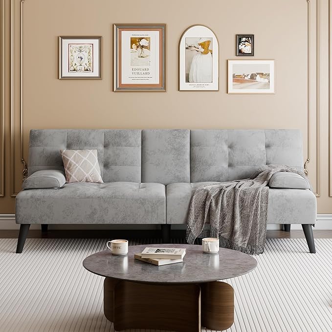 Meilocar 64" Futon Sofa Bed, Convertible Loveseat with 2 Cup Holders, Small Couch with 3 Adjustable Angles & Removable Armrest, Modern Sleeper Sofa for Apartment, Office, 5.3 FT, Light Grey