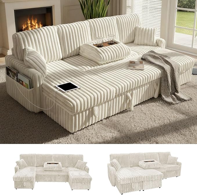 104" U Shaped Sleeper Sofa Bed, Sectional Couches for Living Room, Plush Corduroy Pull Out Couch Bed with Storage, Modular Sectional Couch with Charging Station, Cup Holder, Side Pocket, Beige