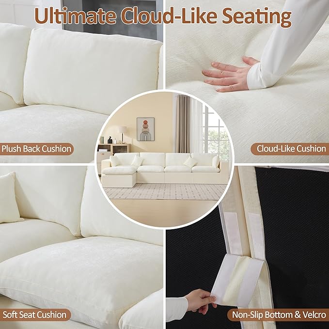 146''Cloud Boneless Sectional Couch, Modular Sectional Sofa Deep Seat with Ottoman, Oversized Upholstered Convertible Comfy 5 Seater Chenille Sofa L Shape Couches for Living Room, Beige
