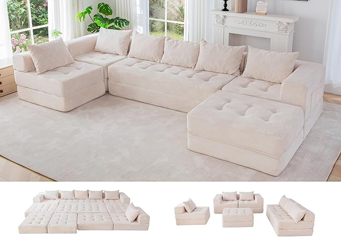 MAXYOYO Modular Sectional Sofa Couch, Foldable U Shaped Cloud Couch with Pillows, Tufted 7-Seat Boneless Sleeper Lounger Floor Sofa Bed for Living Room, No Assembly Required, Beige
