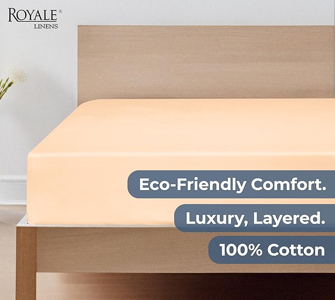 Royale Linens 100% Organic Cotton Fitted Sheet - Percale Weave - Super Soft Deep Pocket Bottom Sheets - Elastic Sheet Twin Size - Twin Fitted Sheets Only - (39"x75"+15", Sand)