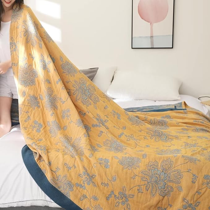 Boho Throw Blanket for Bed 100% Cotton Ultra Soft Rustic Quilt Spring Blanket Floral Printed Farmhouse Decor Bed Blankets,60"x80" All Season Rustic Throw for Sofa Couch Chair