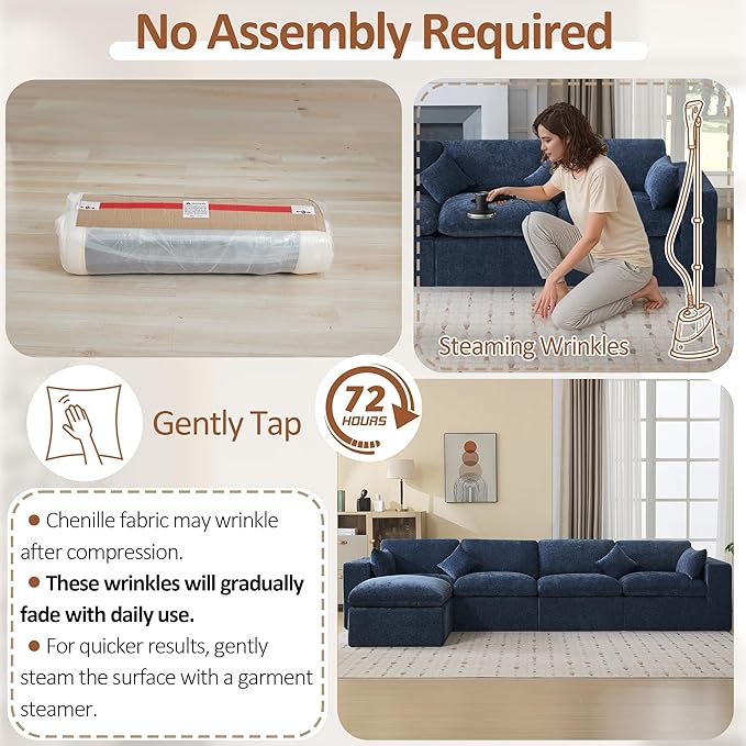 146''Cloud Boneless Sectional Couch, Modular Sectional Sofa Deep Seat with Ottoman, Oversized Upholstered Convertible Comfy 5 Seater Chenille Sofa L Shape Couches for Living Room, Navy