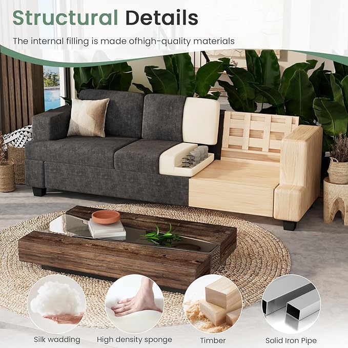 YOUDENOVA Sofa Couch, 3 Piece Set Comfy Sofa, 2 Loveseat & 3 Seater Sofa with Deep Seats for Living Room, Modern Sleeper Couch, Dark Grey Chenille