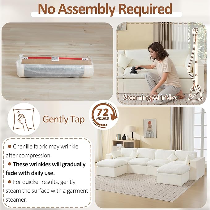 146''Cloud Boneless Sectional Couch, Modular Sectional Sofa Deep Seat with 2 Ottomans, Oversized Upholstered Convertible Comfy 6 Seater Chenille Sofa U Shape Couches for Living Room, Beige