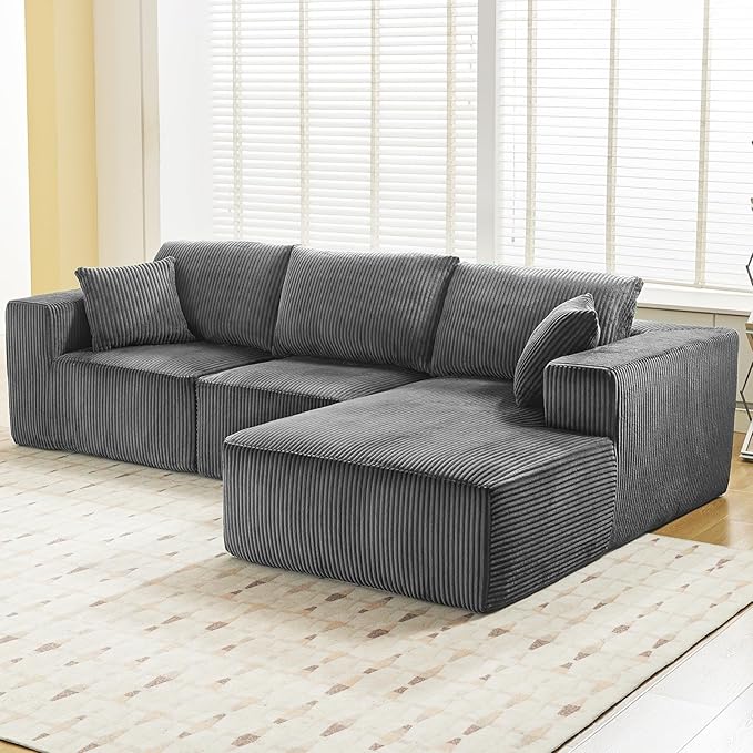 Sectional Cloud Boneless Couch 108" Modern Comfy L-Shape No Assembly Required Convertible Compression Sleeper Modular Sofa with Corduroy Fabric Deep Seat Loveseat + Chaise for Living Room