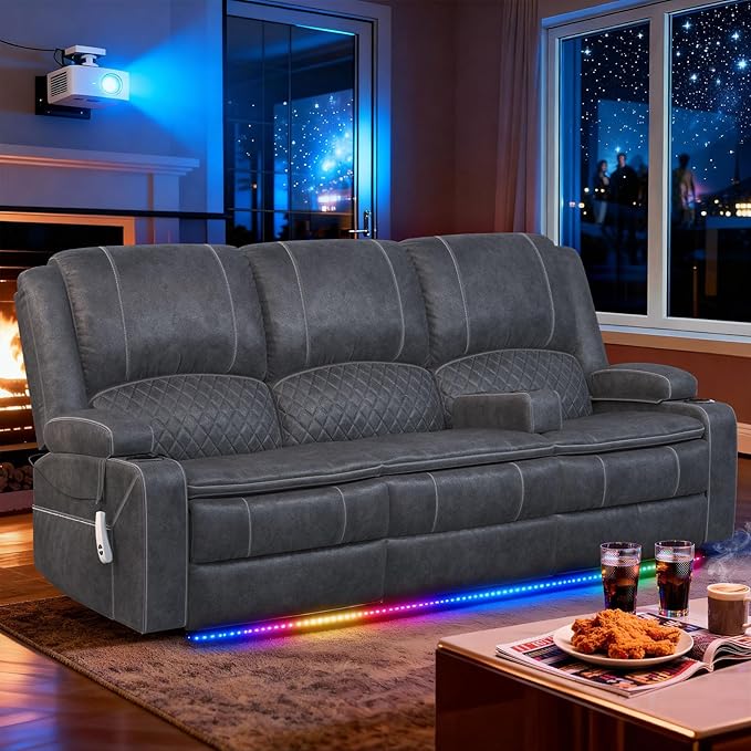 Power Loveseat Recliner Sofa, Removable Armrest 3 Seats Power Reclining Loveseat with Remote Liftable Console, Wall Hugger RV Theater Seating with Storage & USB & RGB (Velvet, Grey)