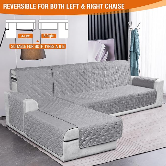 VANSOFY Sectional Couch Covers 100% Waterproof L Shaped Sofa Slipcover 3pcs Reversible Chaise Lounge Cover for Sectional Sofa Furniture Protector Cover for Pets Cat Dog(Large, Light Gray)