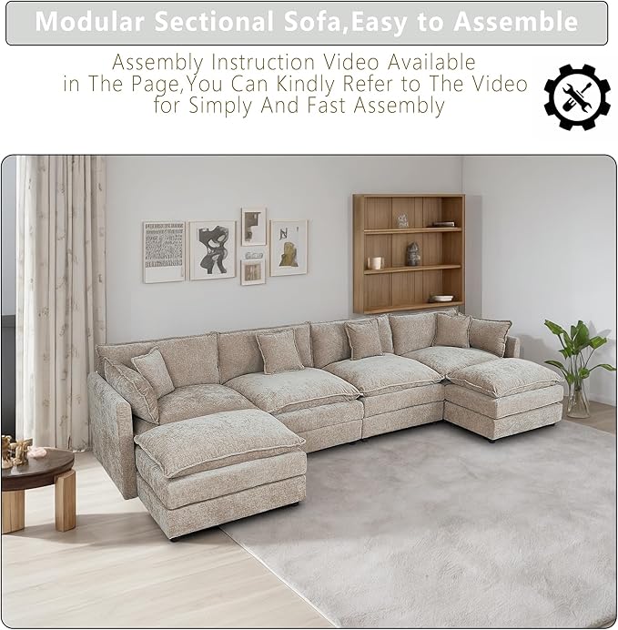 Setawix Deep 4 Seater Couch with Ottomans,147.22" U-Shaped Cloud Couches for Living Room,Chenille Cloud Sofa Couch with Foorest,Modular Sectional U Shape 4 Seat Sofa for Bedroom (Coffee, 4+2)