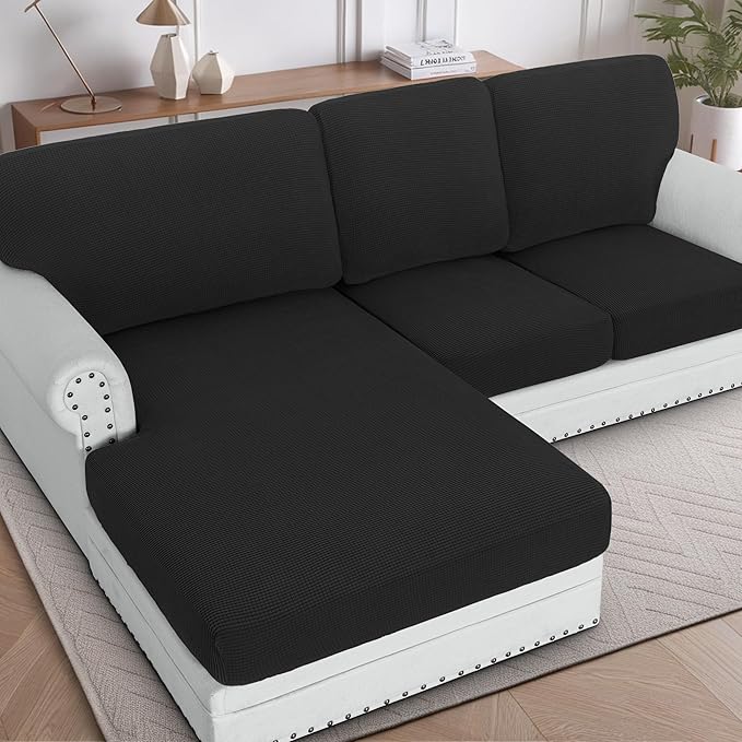 H.VERSAILTEX 2025 New Sectional Couch Covers 6 Pieces Stretch Sofa Covers for Sectional Sofa Set Separate L Shaped Couch Cover for Both Left/Right Couch (Seat and Back: 1 Chaise + 2 Sofa, Black)