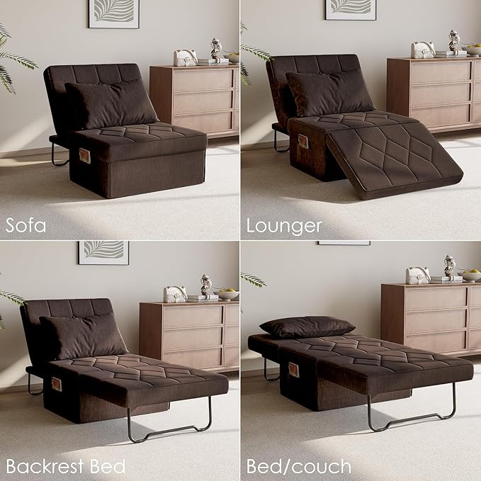 Convertible Sofa Bed with 5-Level Adjustable Backrest, 74" D x 28" W 4-in-1 Folding Ottoman Sleeper Chair Bed, Modern Single Futon Couch for Living Room Apartment Dorm Small Space, Dark Brown