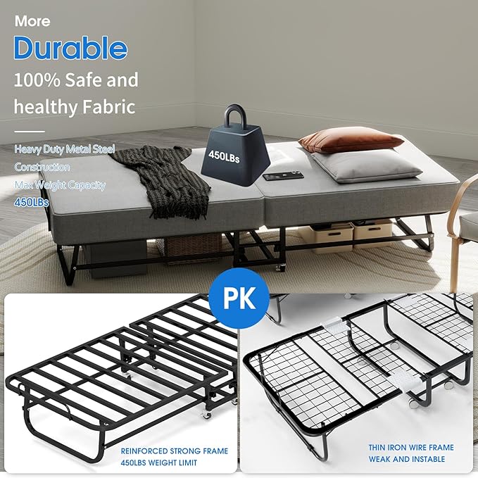Fabulis Folding Bed with Mattress, Portable Foldable Bed for Adults, Roll Away Guest on Wheels, Memory Foam Mattress and Metal Frame, Space Saving Fold Up for Easy Storage, 75" x 31"