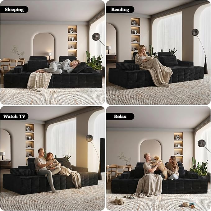 Modular Sectional Sofa with Movable Handrails, Straight-Row Boneless Sofa Sectional Couch for Living Room, Deep Seat Memory Foam Faux Rabbit Fur Fabric Sofa, No Assembly Required(Black)