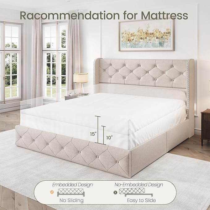 LARMACE Full Size Bed Frame with 4 Storage Drawers and 47.2" Tall Wingback Headboard Linen Upholstered Platform Bed Frame Tufted Beds with Wooden Slats Support, Easy Assembly, Beige