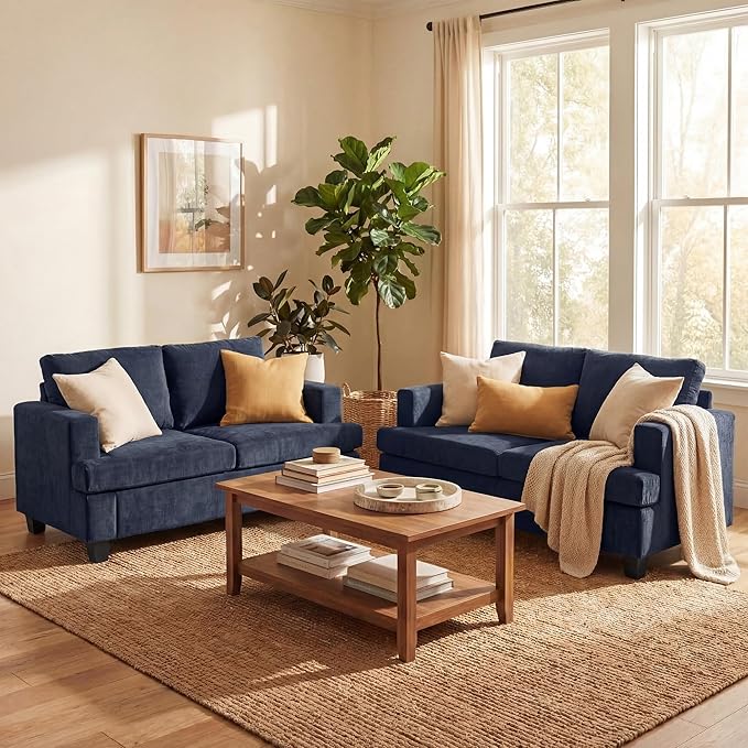 YOUDENOVA 2 Piece Set Comfy Sofa Couch, Loveseat Sofa * 2 with Deep Seats, Modern Sleeper Couch for Living Room, Navy Chenille