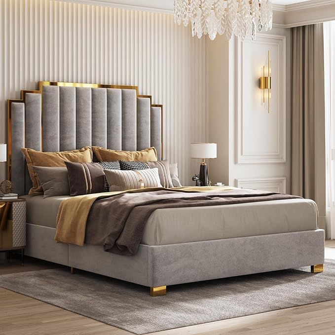 AMERLIFE King Size Upholstered Bed, Modern Velvet Bed Frame with 65.4” Tall Gold Trim Headboard, No Box Spring Needed, Grey