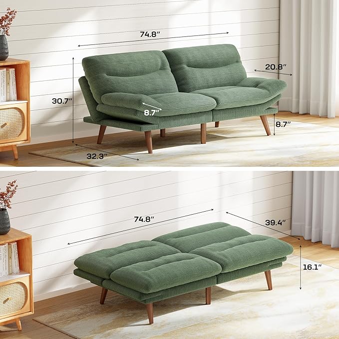 Marsail Futon Sofa Bed, 75” Futon Couch with Adjustable Backrest & Armrests, Convertible Small Sleeper Sofa Bed for Small Apartments, Study Room, Office, Corduroy Loveseat, Green