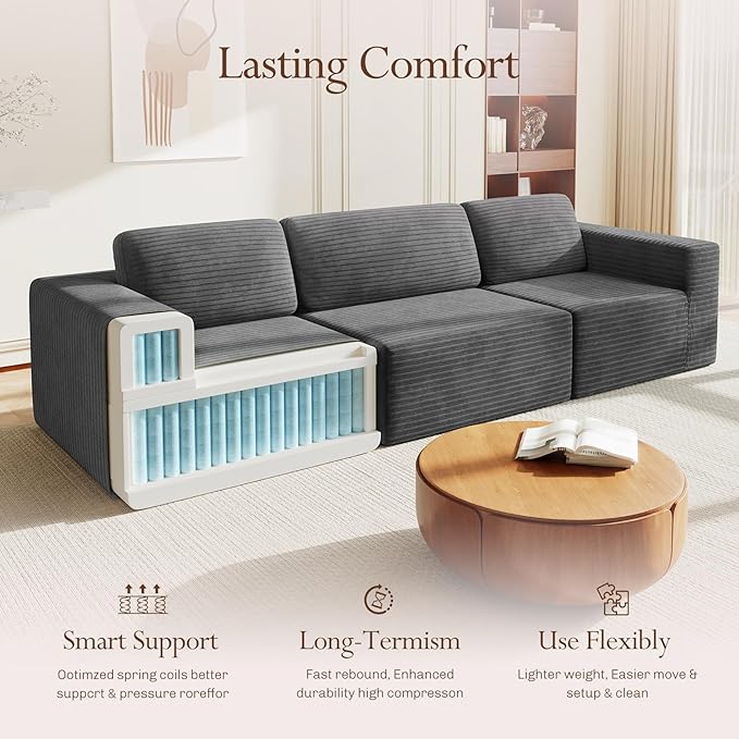 Vesgantti 119" Modular Sectional Sofa, Corduroy Cloud Couch with Deep Seating & Spring Support, 3 Seater Flexible Layout Sofa, Boneless Couch for Living Room & Apartment, No Assembly Required, Grey