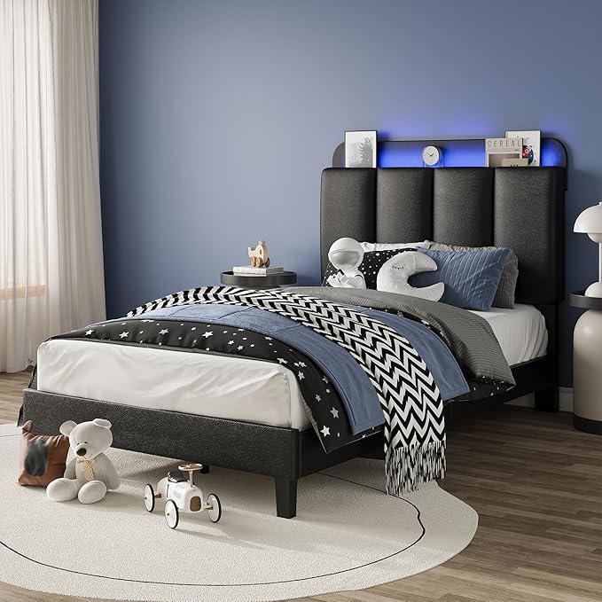 BarnFurin Twin Bed Frame with LED Lights, Upholstered Platform Bed with Storage Headboard, Single Bed Frame, Noise-Free, No Box Spring Needed, Easy Assembly, Black