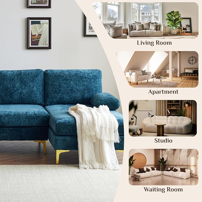 Karl home Convertible Sectional Sofa 110" U-Shape Sofa Couch 4-Seat Couch with Chaise ChenilleFabric Upholstered for Living Room, Apartment, Office, Peacock Blue