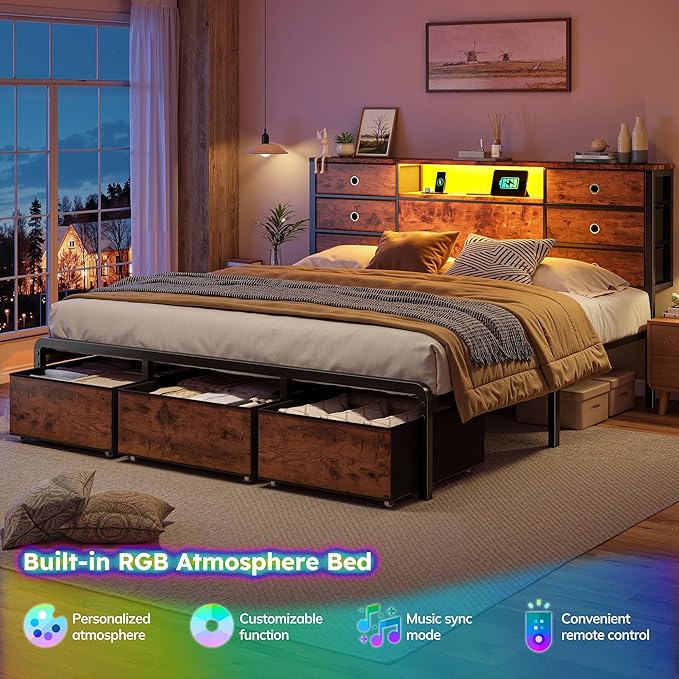 Homkdom King Size Bed Frame with 9 Fabric Storage Drawers, LED Lights & Charging Station, Metal Platform Bed Frame with Headboard Storage,No-Noise,Easy Assembly,Modern Brown