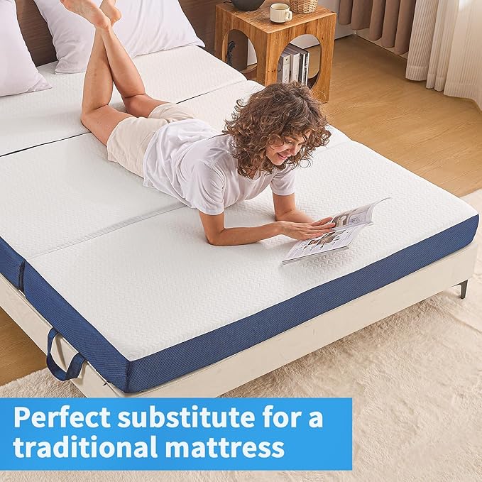 CYMULA Folding Mattress Queen Size,4 inch Memory Foam Tri Portable Trifold Mattress Topper Queen with Breathable & Washable Cover, Foldable Guest Bed for Camping
