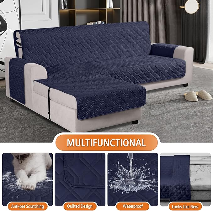 VANSOFY Upgraded Sectional Couch Covers 100% Waterproof L Shaped Sofa Slipcover Reversible Chaise Lounge Cover for Sectional Sofa Furniture Protector Cover for Pets(Small, Dark Blue)