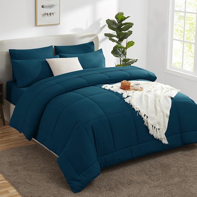 CozyLux Queen Comforter Set Lyons Blue, 7 Pieces Bed in a Bag, Blue Comforters Queen Size, All Season Bedding Sets with Stitch Quilted Comforter, Flat Sheet, Fitted Sheet, Pillowcases