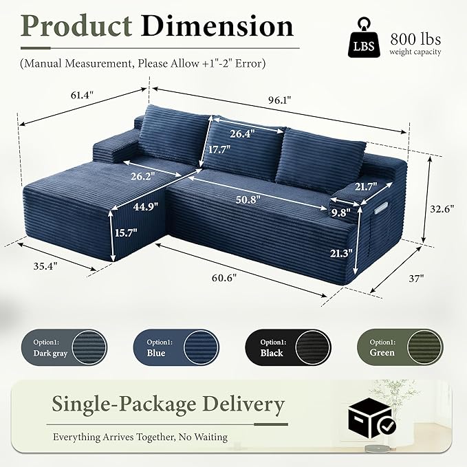 96" Sectional Couches for Living Room Cloud Couch Sofa with L-Shape Upholstered Boneless Couchs Modern Modular Sectional Couch with Chaise (Bule, 96" W+Left Facing Chaise+2Seaters)