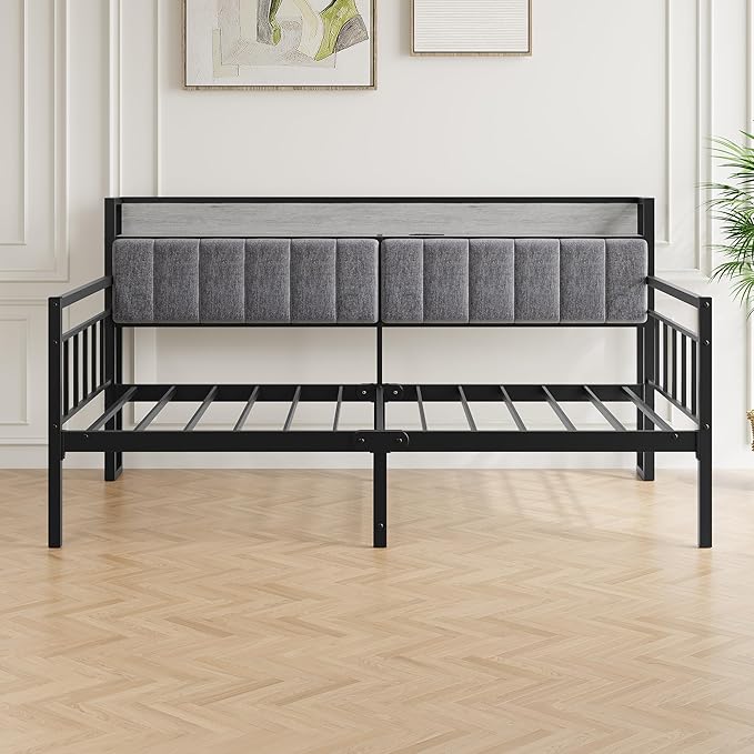 BOFENG Metal Daybed Frame Twin Size with Charging Station,Metal Twin Bed Frame with Upholstered Headboard with Strong Steel Slats for Living Room,Bedroom and Guest Room