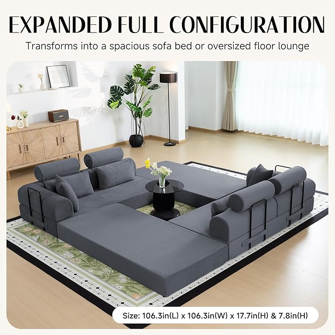 106" L-Shaped Modular Boneless Couch, 2-Piece System (2×70.87"), Convertible Sectional to 141.7" Straight Sofa, Corduroy Couch in a Box, Headrest & Back Pillows for Living Room, Dark Blue