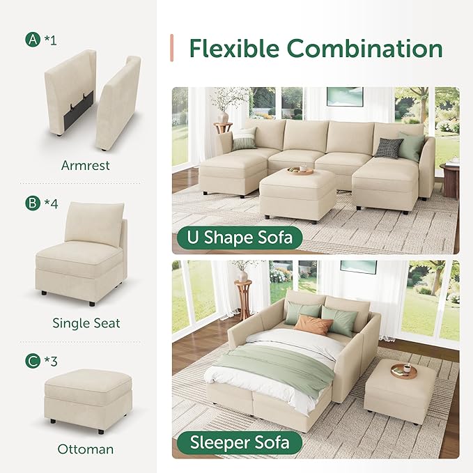 HONBAY Modular Sofa U Shaped Sectional Couch with Storage, Convertible Modular Sofa 7 Seats Sectional for Living Room - Beige