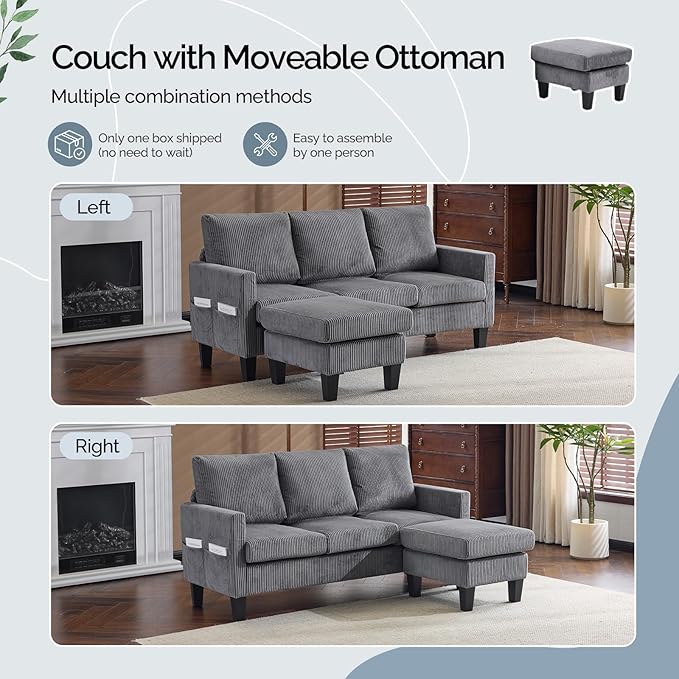 VINGLI 68.5' L Shaped Couch with Removable Storage Ottoman, Convertible Sectional Sofa in Corduroy Fabric, Modern Reversible Chaise Couch for Small Spaces, Apartment, Living Room，Grey