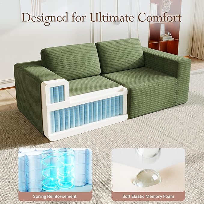 Vesgantti 80" Modular Sectional Sofa, Corduroy Cloud Couch with Deep Seating & Spring Support, 2 Seater Compact Modular Couch, Boneless Sectional Sofa for Small Spaces, No Assembly Required, Green