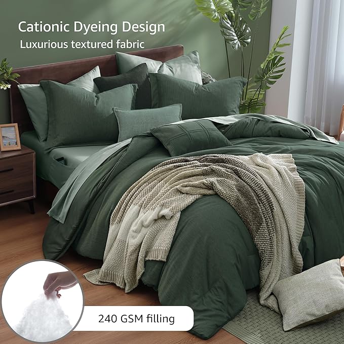 Monbix Super King Plus Comforter Set, Deep Forest Cationic Dyeing Bedding Set Reversible, Bed in a Bag 7 Pieces with Comforter, Sheets, Pillowcases & Shams