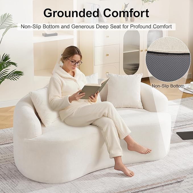 65" Boneless Curved Loveseat Sofa, Modern Deep Seat Love Seat Couches, 2 Seater Curved Couch with 3 Throw Pillows, Compressed Floor Sofa for Living Room Small Spaces, No Assembly, Beige