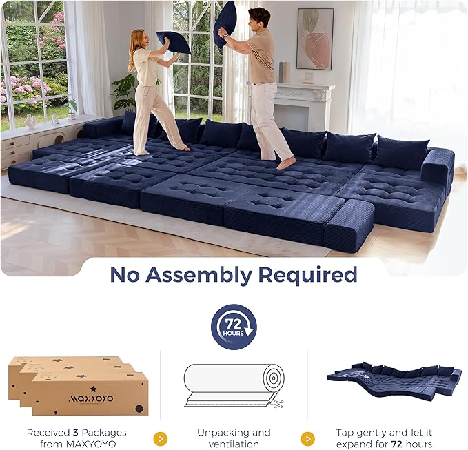 MAXYOYO Modular Sectional Sofa Couch, Foldable Oversized U Shaped Cloud Couch with Pillows, Tufted Boneless Sleeper Lounger Floor Sofa Bed for Living Room, No Assembly Required, Navy