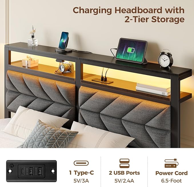 Seventable Bed Frame Queen Size with Charging Station, LED Bed with Upholstered Storage Headboard, Metal Platform Bed with Under Bed Storage, No Box Spring Needed, Noise Free, Easy Assembly, Grey