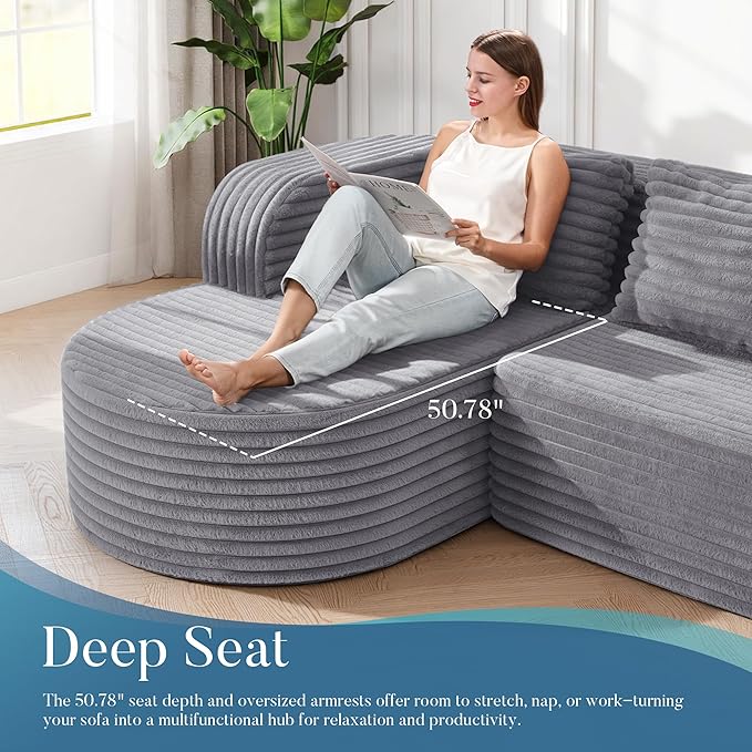 Hobestluk 96" Cloud Sectional Couch Modern Boneless Couch 3 Seater with Oversized Chaise L Shaped Modular Sofa for Living Room Apartment No Assembly Required (Stripe Lightgrey,Left Facing Chaise)