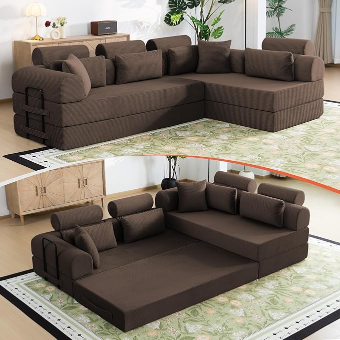 106" L-Shaped Modular Boneless Couch, 2-Piece System (2×70.87"), Convertible Sectional to 141.7" Straight Sofa, Corduroy Couch in a Box, Headrest & Back Pillows for Living Room，Brown