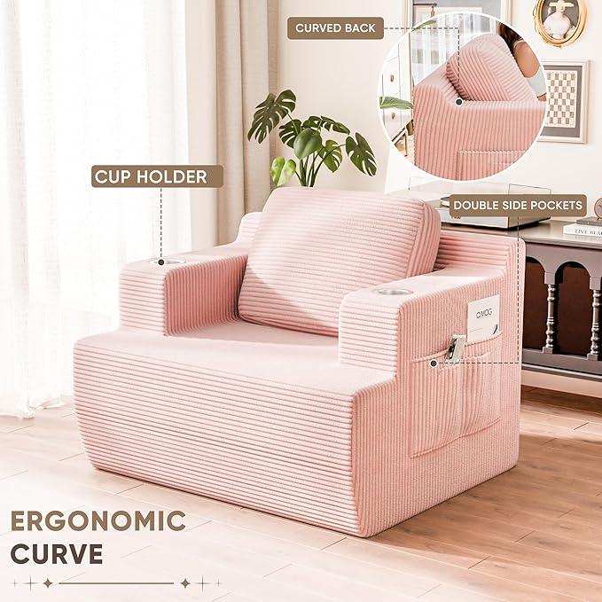 Homall 42” Single Sofa Foam Couch for Small Spaces Upholstered Floor Sofa with Cup Holder & Storage Pocket Boneless Couch for Bedroom Living Room (Pink, Single)