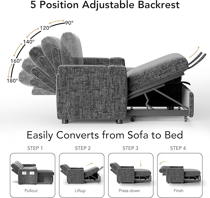 Vipbear Chenille Sleeper Sofa Bed, 82" Pull Out Couch with Reclining Backrest/Reversible Storage Chaise, 3 in 1 L-Shaped Couch with Armrest Storage | Cup Holder | Tool-Free Assembly | Grey