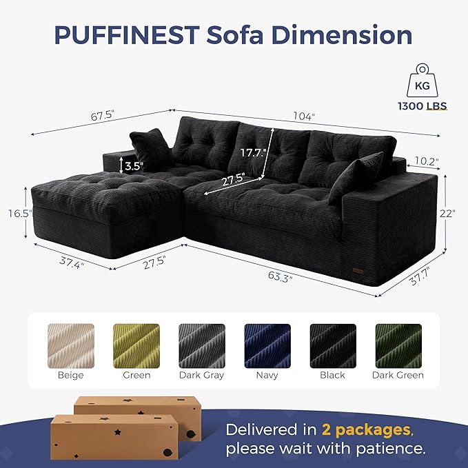 MAXYOYO 104" L Shaped Modular Sectional Sofa with Ottoman, Cloud Boneless Couch with Layered Cushion, Upholstered Sofa in a Box, Flexible Module Combination for Living Room, No Assembly, Black