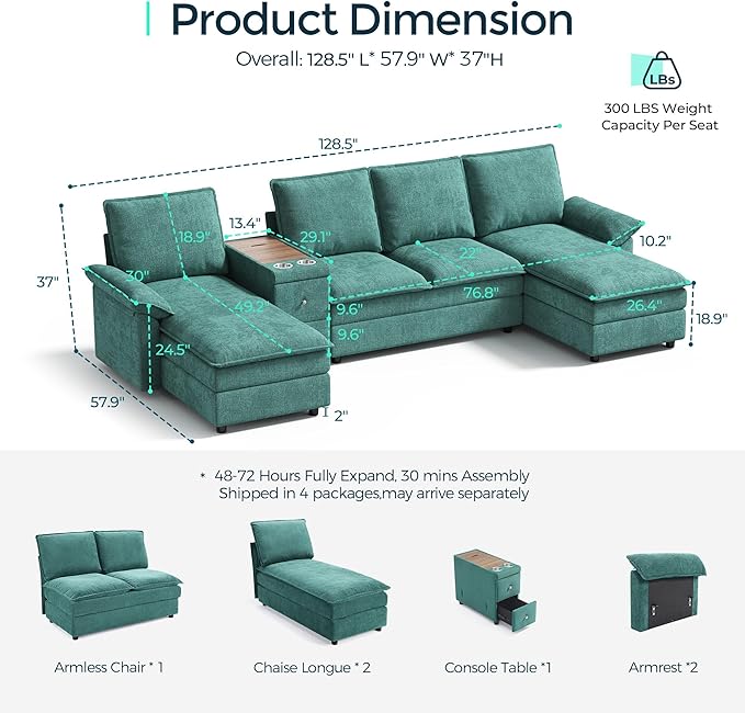 LINSY HOME Modular Sectional Couches, 115" U Shaped Cloud Sofa with Versatile Console, Chenille 4-Seat Sofa Set for Living Room, Apartment, Office, Green